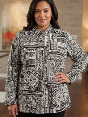 Soft by Avenue Black & White Abstract Print Lightweight Silk Button-Up Jacket